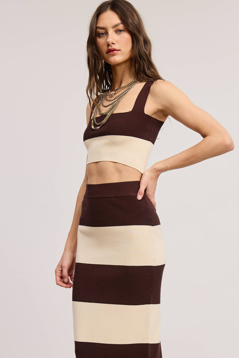 Stripe Color Block Knit Tank Top and Maxi Skirt Matching Set
