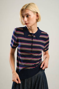 A Stripe Button Down Polo Sweater Top - NAVY