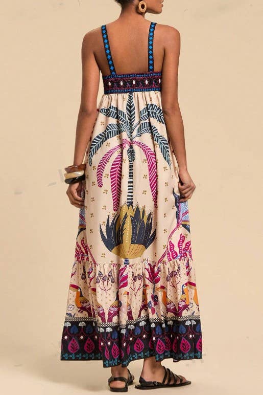 Bohemia Tropical Totem Print Strappy Flare Dress