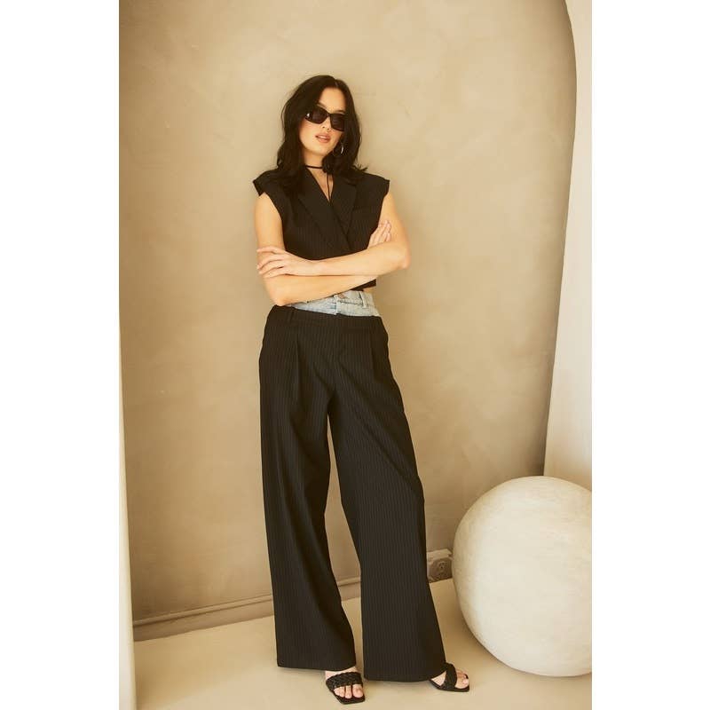 Denim Waistband Contrast Wide Leg Pants