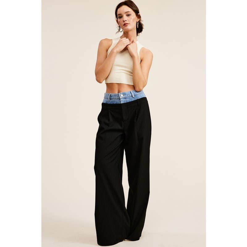 Denim Waistband Contrast Wide Leg Pants