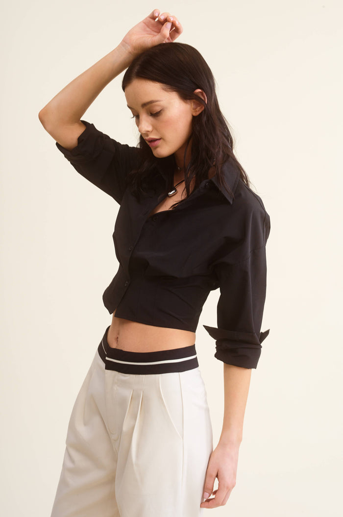 Cropped Collared Shirt With Cinched Waist Detail