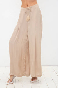 Satin Pleated Wide Leg Tassel Tie Pants