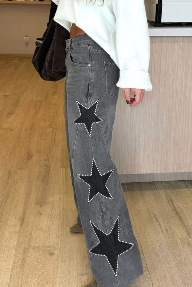 Women Casual  Star Print Wide Leg Denim Pants Jeans
