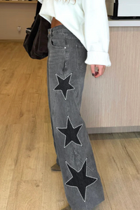 Women Casual  Star Print Wide Leg Denim Pants Jeans