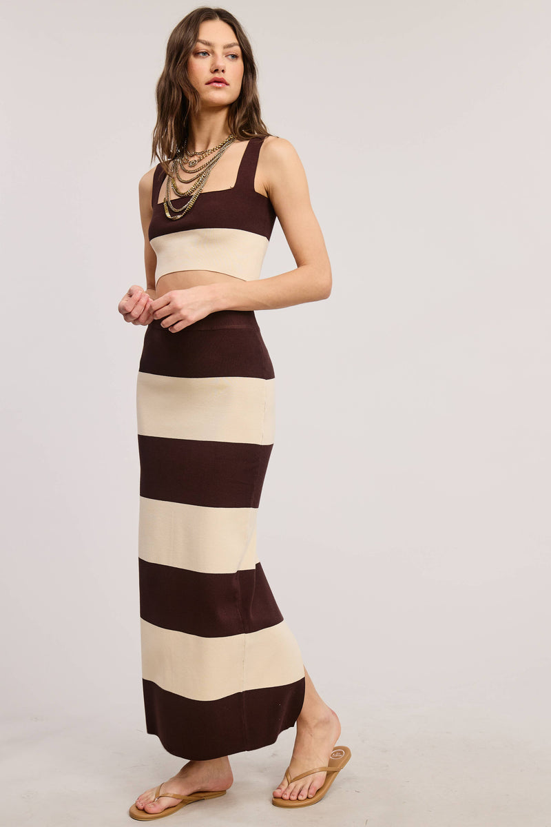Stripe Color Block Knit Tank Top and Maxi Skirt Matching Set