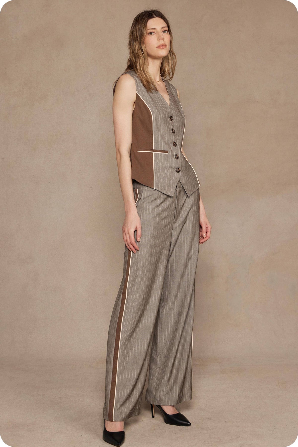Double Waist Pinstripe Piping Trouser