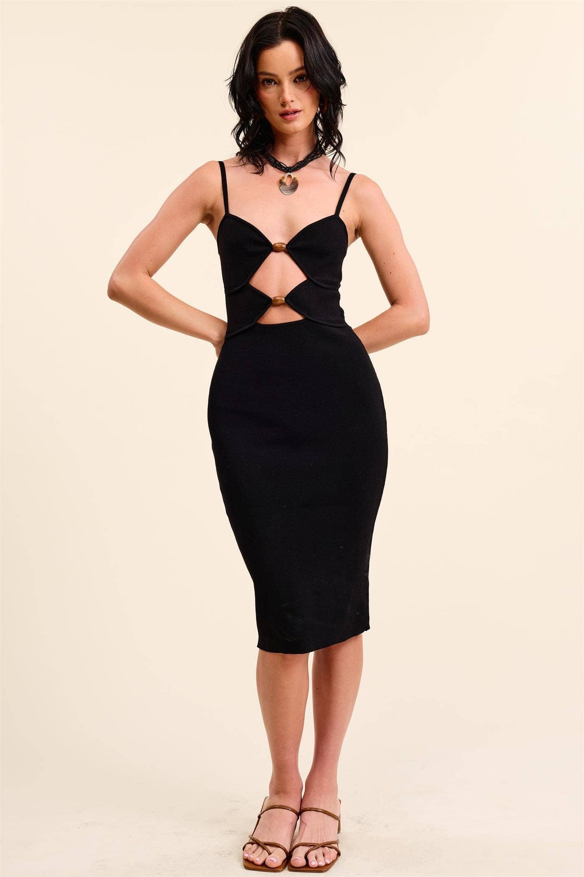 Bodycon Midi Dress with Cut-Out and Wooden Accents