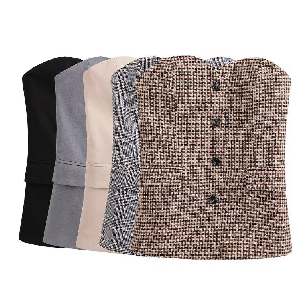 Solid Color Strapless Button Close-Fitting Top