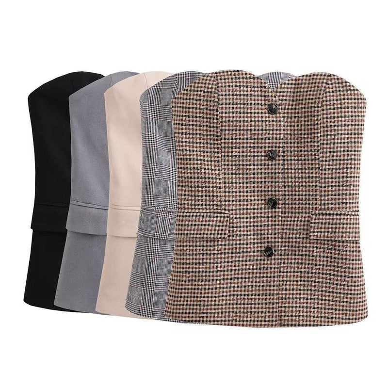 Solid Color Strapless Button Close-Fitting Top