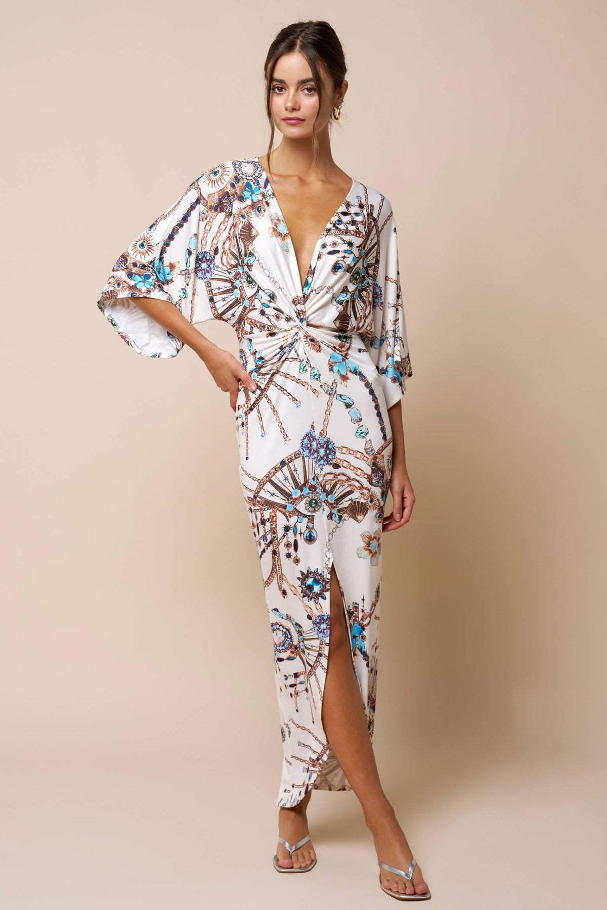 Printed Front Twist Plunging Maxi Dress
