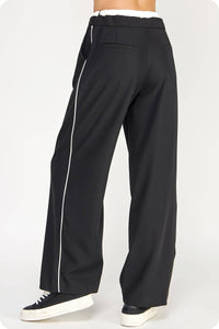 Piping Detail Satin Waistband Contrast Wide Leg Pants