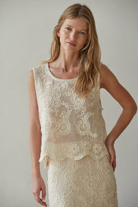 Woven Cotton Floral Lace Work Sleeveless Top