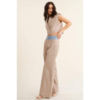 Denim Waistband Contrast Wide Leg Pants