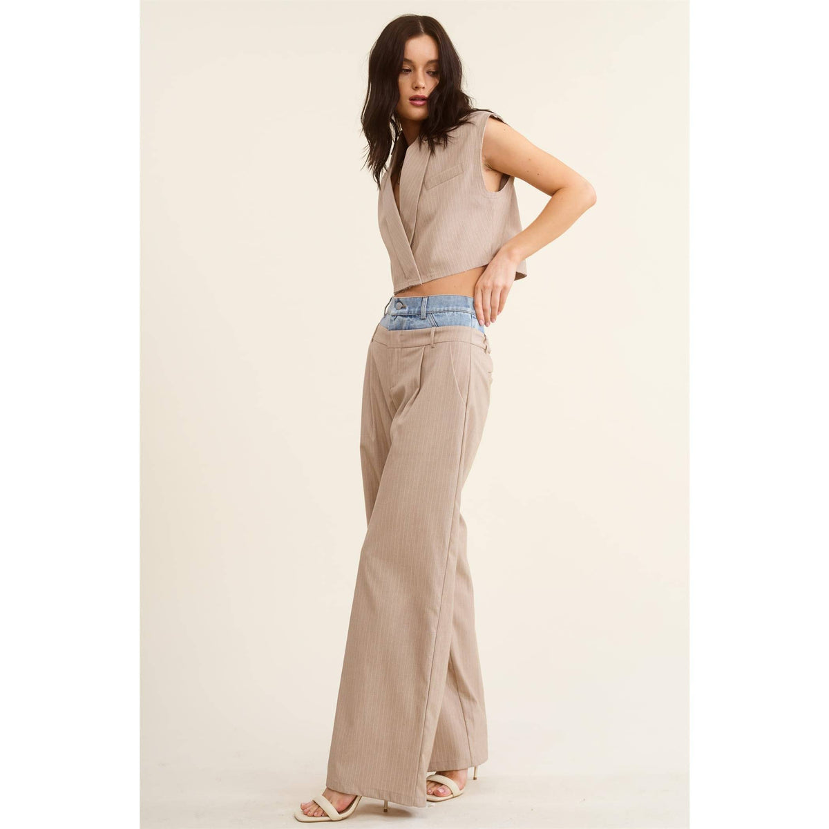 Denim Waistband Contrast Wide Leg Pants