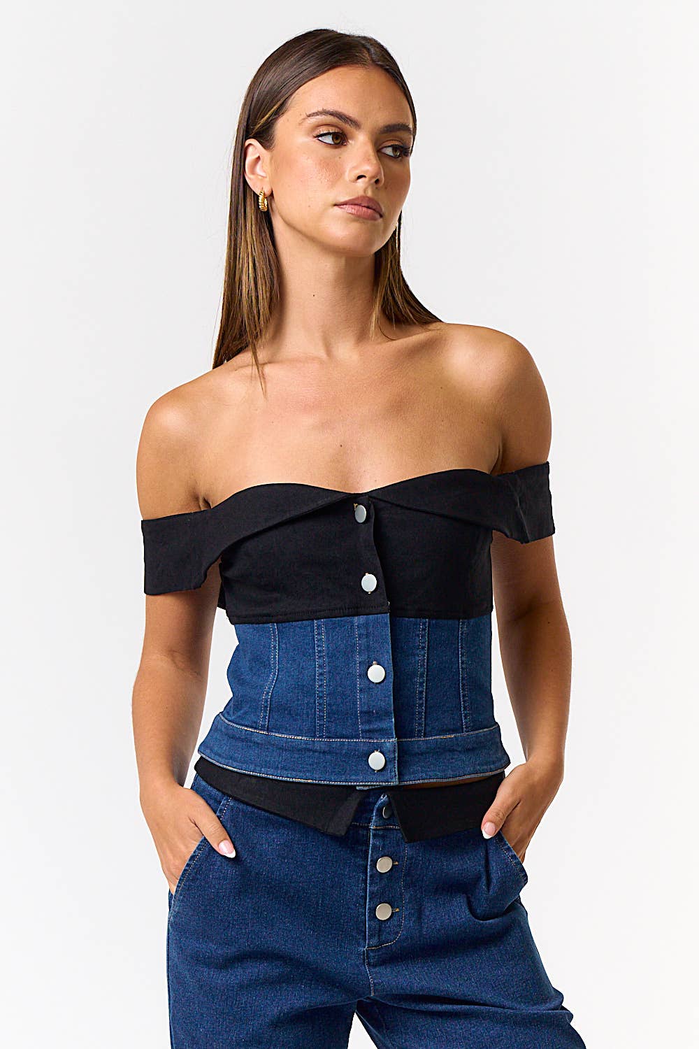 Foldover Contrast Off Shoulder Stretch Denim Top