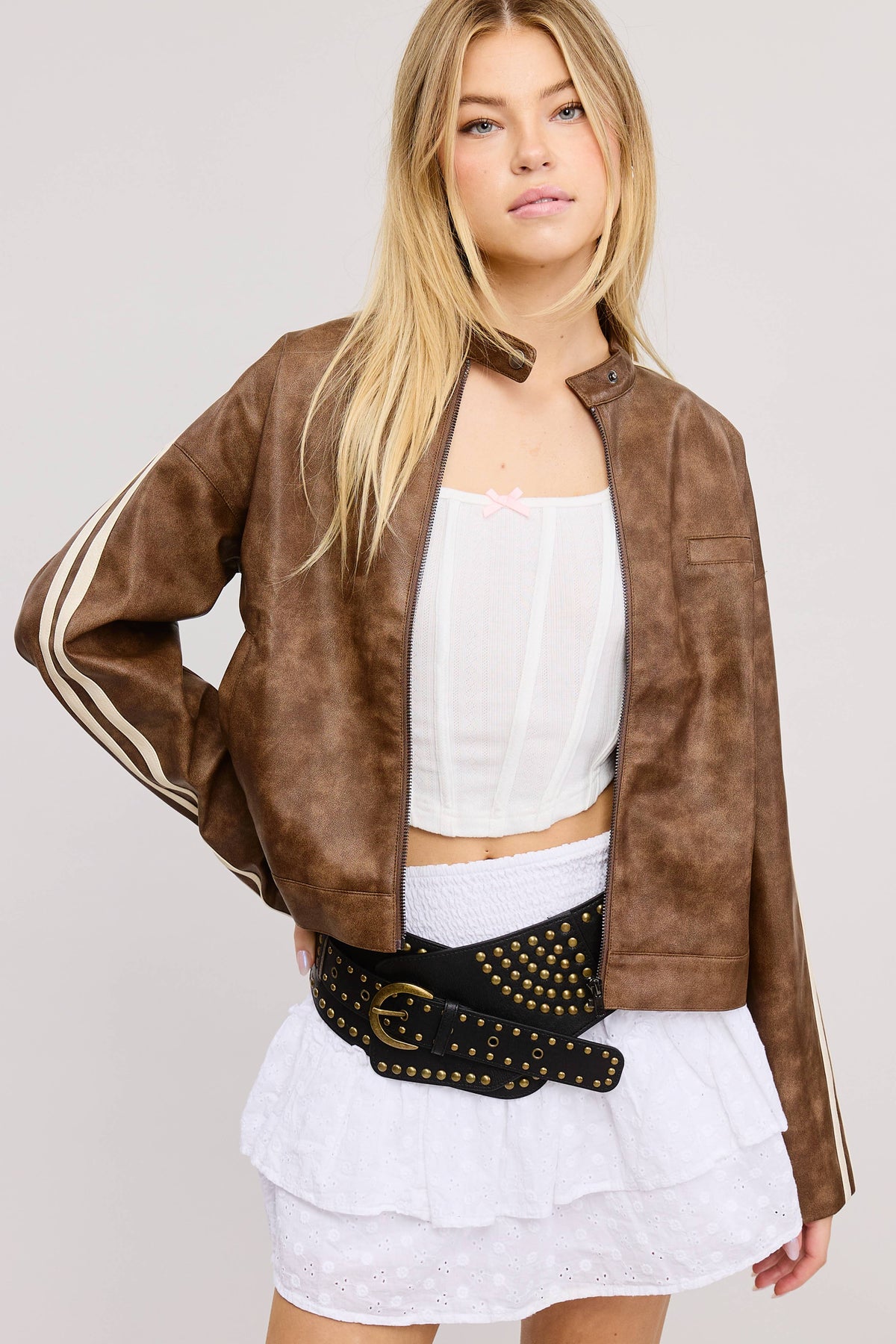 Moto Jacket with Stripes and Multi-Pocket Detail