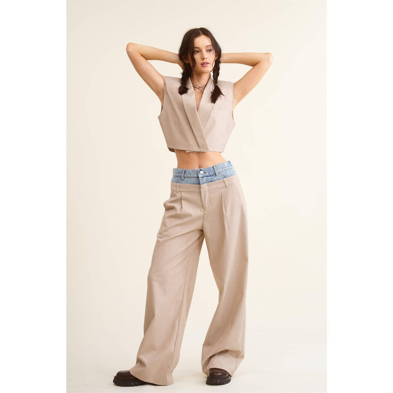 Denim Waistband Contrast Wide Leg Pants