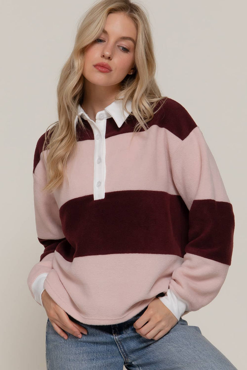 Long Sleeve Rugby Stripe Fleece Polo Top