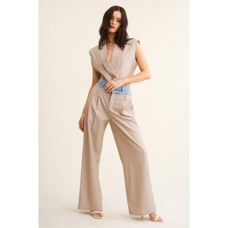 Denim Waistband Contrast Wide Leg Pants