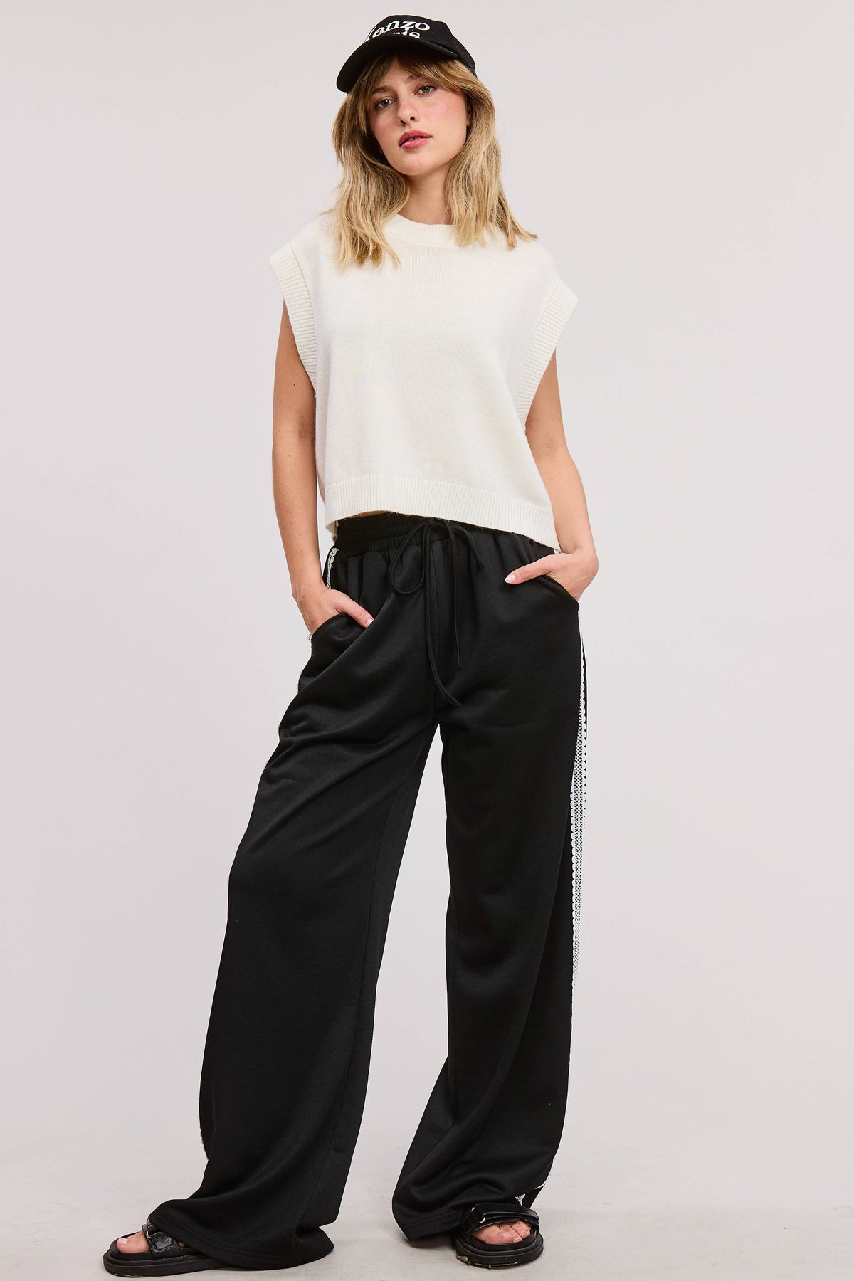 Lace Trim Wide Leg Track Pants with Drawstring Waist