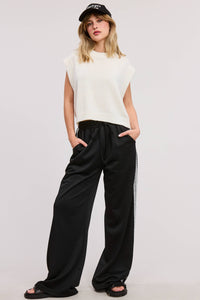 Lace Trim Wide Leg Track Pants with Drawstring Waist