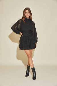 PLEATED TIERED DRESS- BLACK