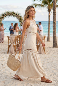 Cutwork Lace Trimmed Maxi Dress W/Halter Neckline