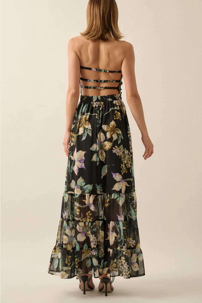 Floral Chiffon Smocked open-Back Maxi Dress