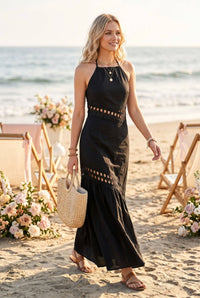 Cutwork Lace Trimmed Maxi Dress W/Halter Neckline