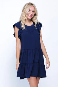 Round Neck Short Sleeve Babydoll Dress with Pocket