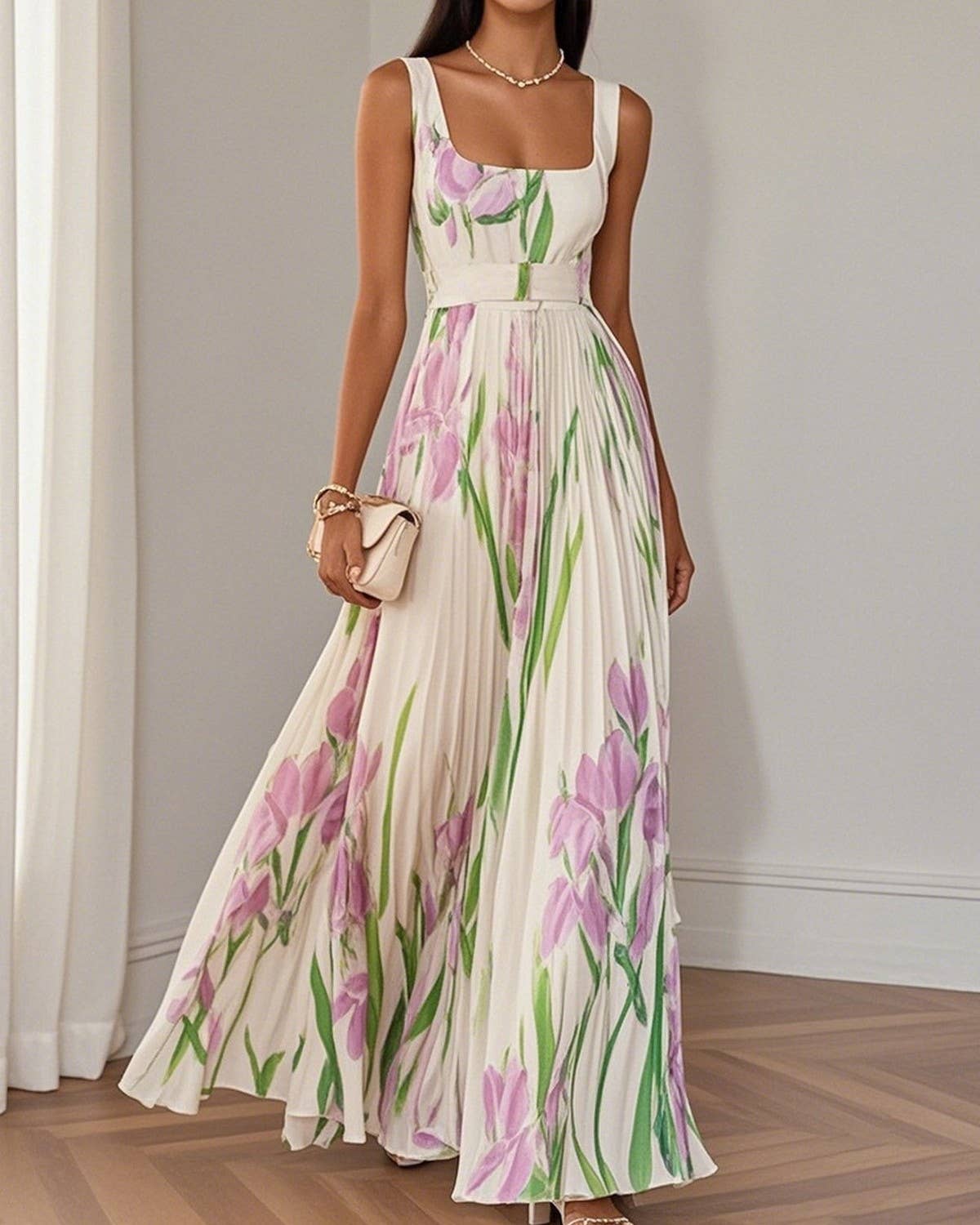 Resort Floral Print Pleated Maxi Dress