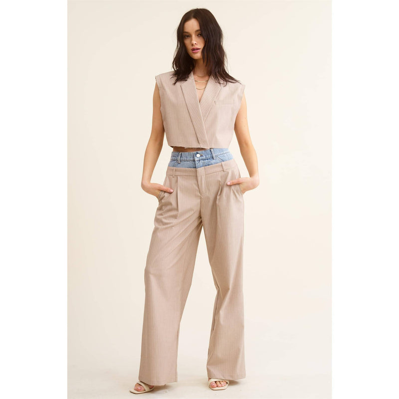 Denim Waistband Contrast Wide Leg Pants