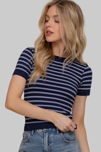 Short Sleeve Crew Neck Striped Seamless Top