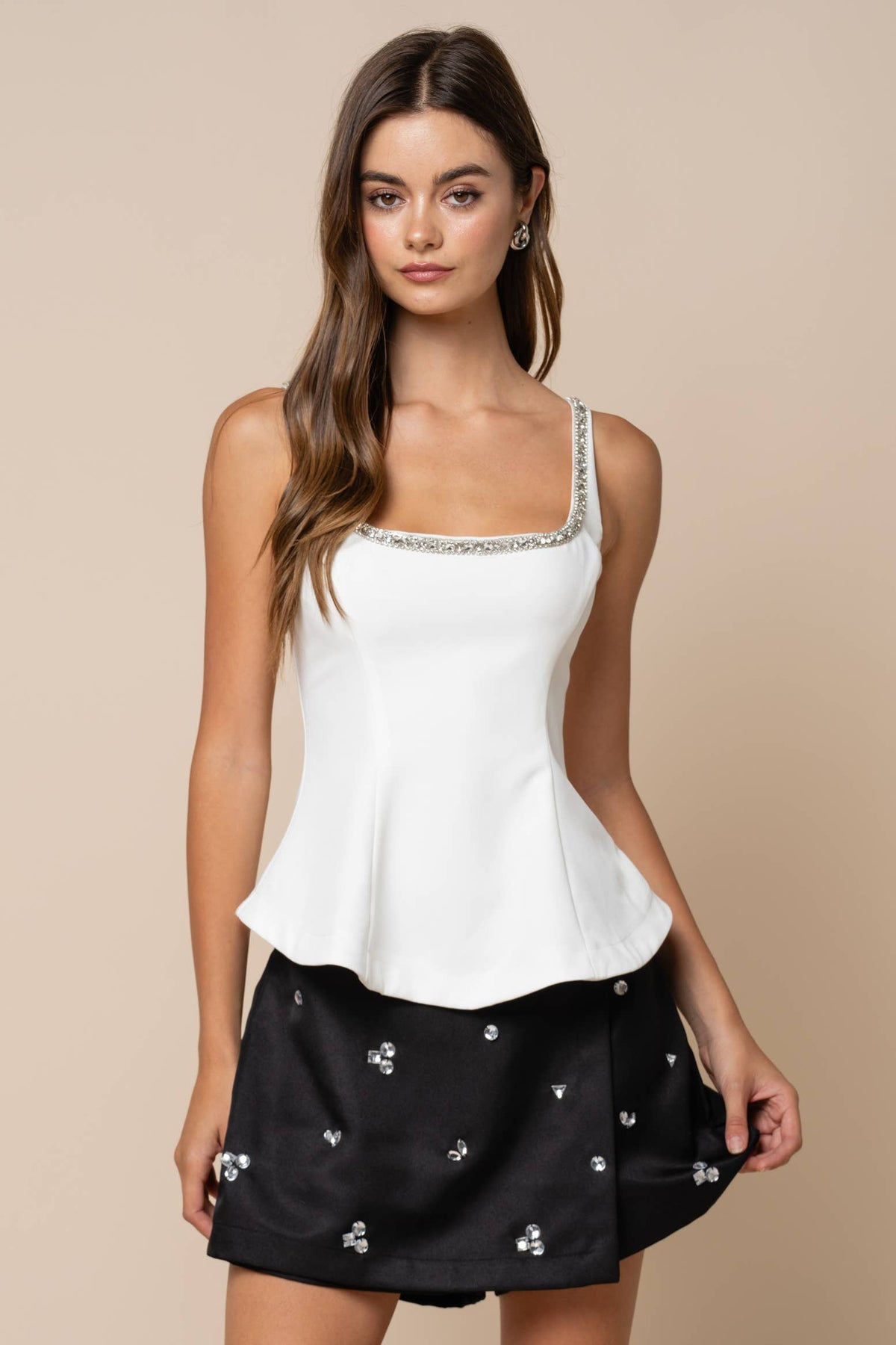 Jeweled Trim Square Neckline Sleeveless Peplum Top
