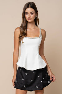 Jeweled Trim Square Neckline Sleeveless Peplum Top
