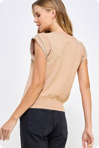 Pearl Trim Sleeveless Knit Sweater Top