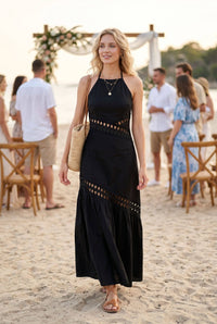 Cutwork Lace Trimmed Maxi Dress W/Halter Neckline