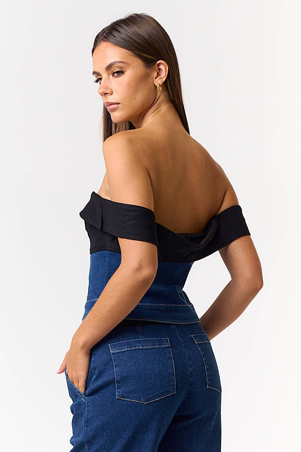 Foldover Contrast Off Shoulder Stretch Denim Top