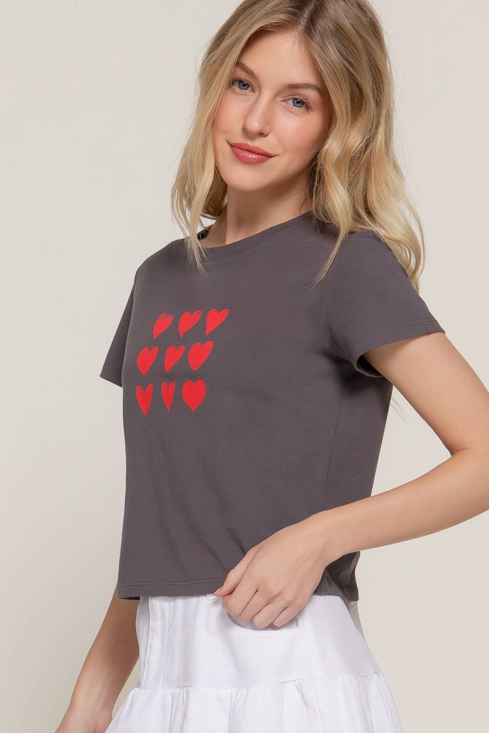 Short Sleeve Crew Neck Heart Printed Knit Tee