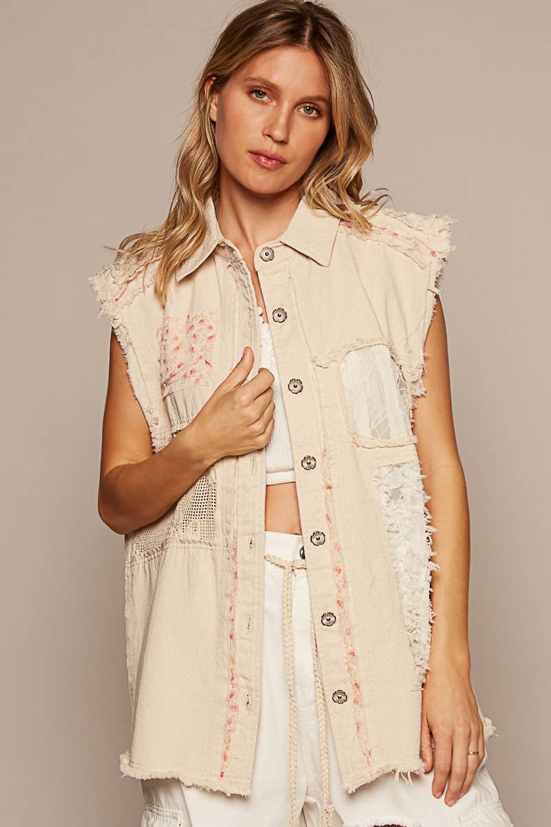 Oversized Sleeveless crochet lace floral patch Denim Vest