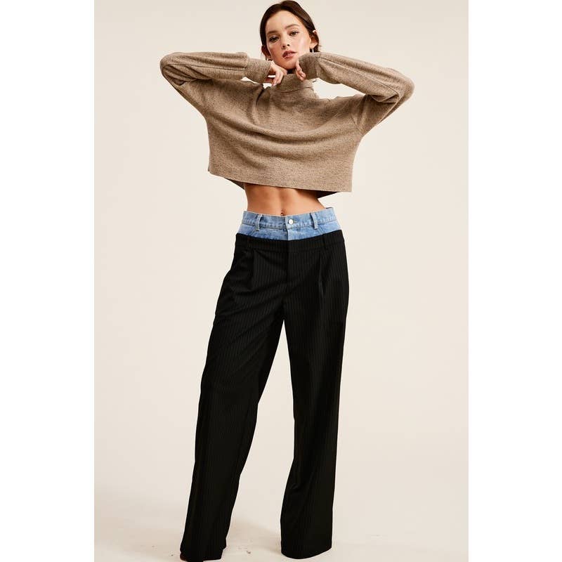 Denim Waistband Contrast Wide Leg Pants