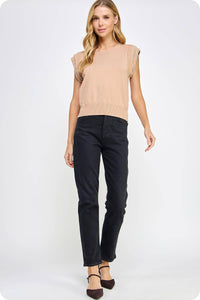 Pearl Trim Sleeveless Knit Sweater Top