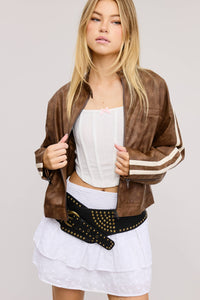 Moto Jacket with Stripes and Multi-Pocket Detail
