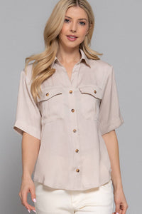 Short Sleeve Button Down Washed Dull Satin Shirt